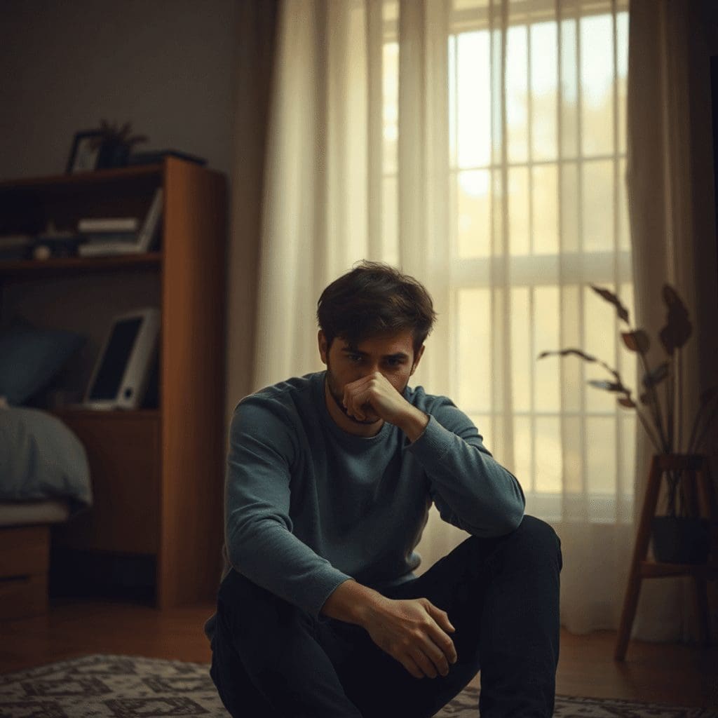 Dårlig selvtillit og selvfølelse? 5 enkle steg til bedre livsmestring 6 Ung mann sitter alene på rommet med tankefullt uttrykk, illustrerer indre uro, dårlig selvtillit og selvfølelse.