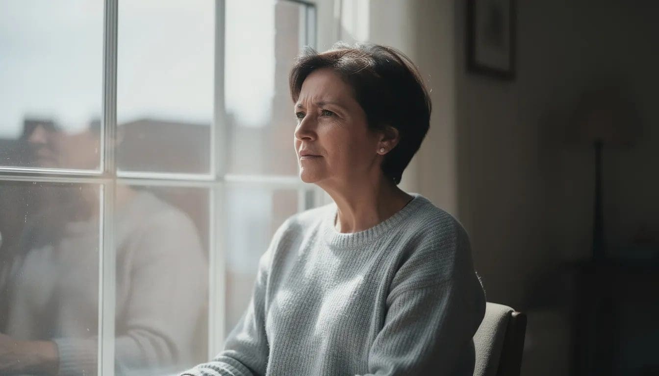 En person sitter stille ved et vindu med et ettertenksomt uttrykk, som kan indikere undertrykte følelser som angst eller sorg. Dette bildet fanger et øyeblikk av refleksjon og den indre kampen mange mennesker opplever når de prøver å forstå og håndtere sine egne følelser.