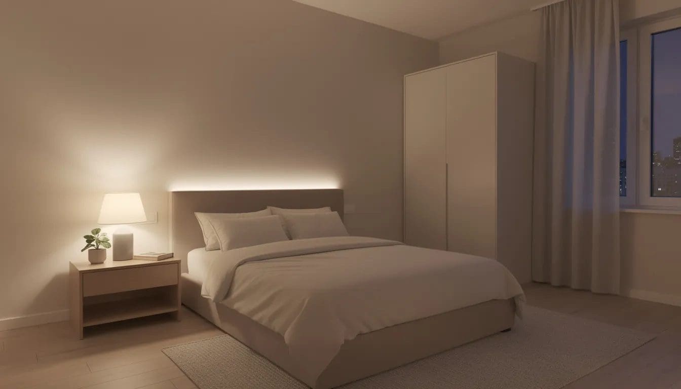 Bildet viser et rolig soverom med dempet belysning og ryddige omgivelser, som gir en følelse av fred og velvære. Dette rommet inviterer til å ta vare på seg selv og skape en avslappende atmosfære i hverdagen.