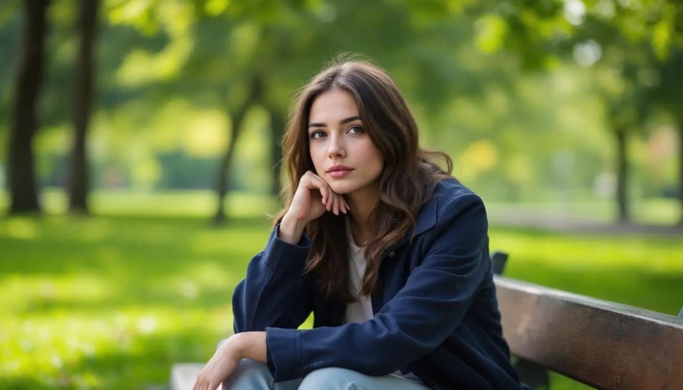 En person sitter på en benk med et tankefullt uttrykk, som kan indikere indre bekymringer eller psykologiske problemer. Dette bildet kan representere behovet for støtte fra andre i møte med psykiske lidelser og avhengighet.