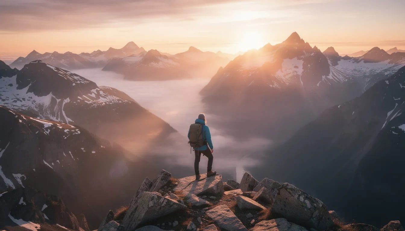 En person står på en høyde og ser ut over et storslått landskap mens solen stiger opp bak fjellene, noe som kan fremkalle tanker om meningen med livet og eksistensiell angst. Den rolige atmosfæren inviterer til grubling over livets store spørsmål og følelsen av å være en del av noe større.