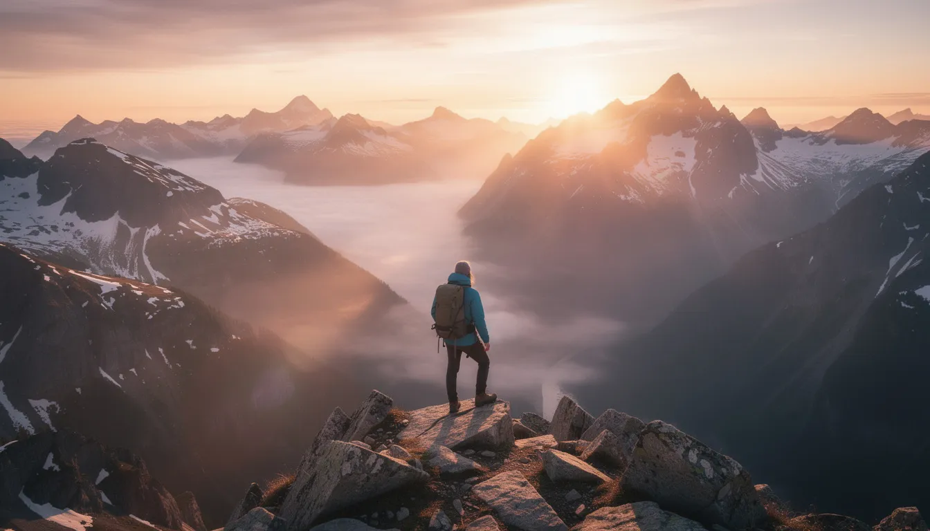 En person står på en høyde og ser ut over et storslått landskap mens solen stiger opp bak fjellene, noe som kan fremkalle tanker om meningen med livet og eksistensiell angst. Den rolige atmosfæren inviterer til grubling over livets store spørsmål og følelsen av å være en del av noe større.