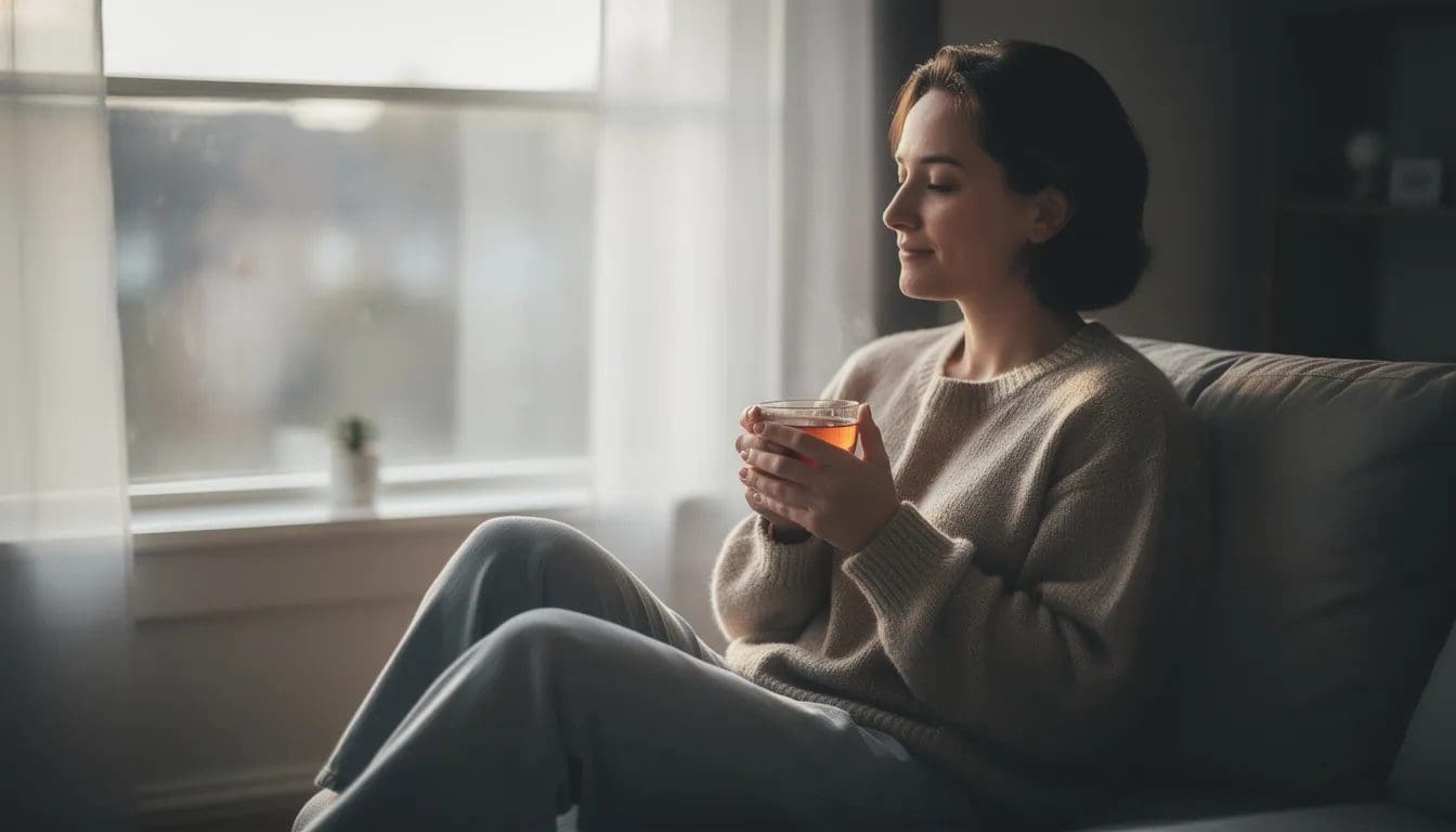 En person sitter rolig ved et vindu med en kopp te i hendene, og mykt dagslys strømmer inn. Denne scenen gir en følelse av fred og oppfordrer til å ta vare på seg selv i hverdagen.