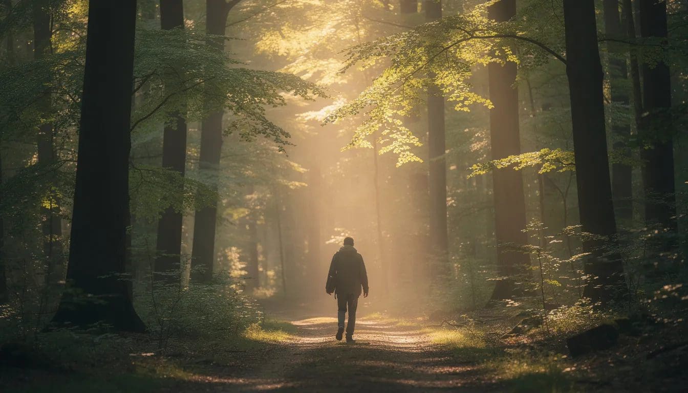 En person går alene på en skogsti, omgitt av trær som slipper inn sollys, og reflekterer over livets eksistensielle spørsmål. Den stille omgivelsen kan vekke tanker om meningen med livet og håndtering av angst og uro.