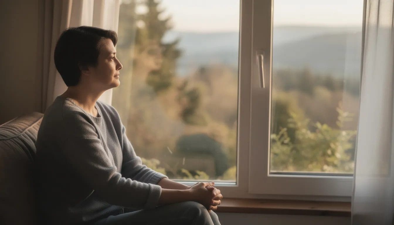 En person sitter ved et vindu og ser ut over den vakre naturen, med et rolig uttrykk som gjenspeiler deres egne verdier og behov. Det er en stille stund hvor de opplever livets gode øyeblikk og tenker på relasjoner som gir dem styrke.