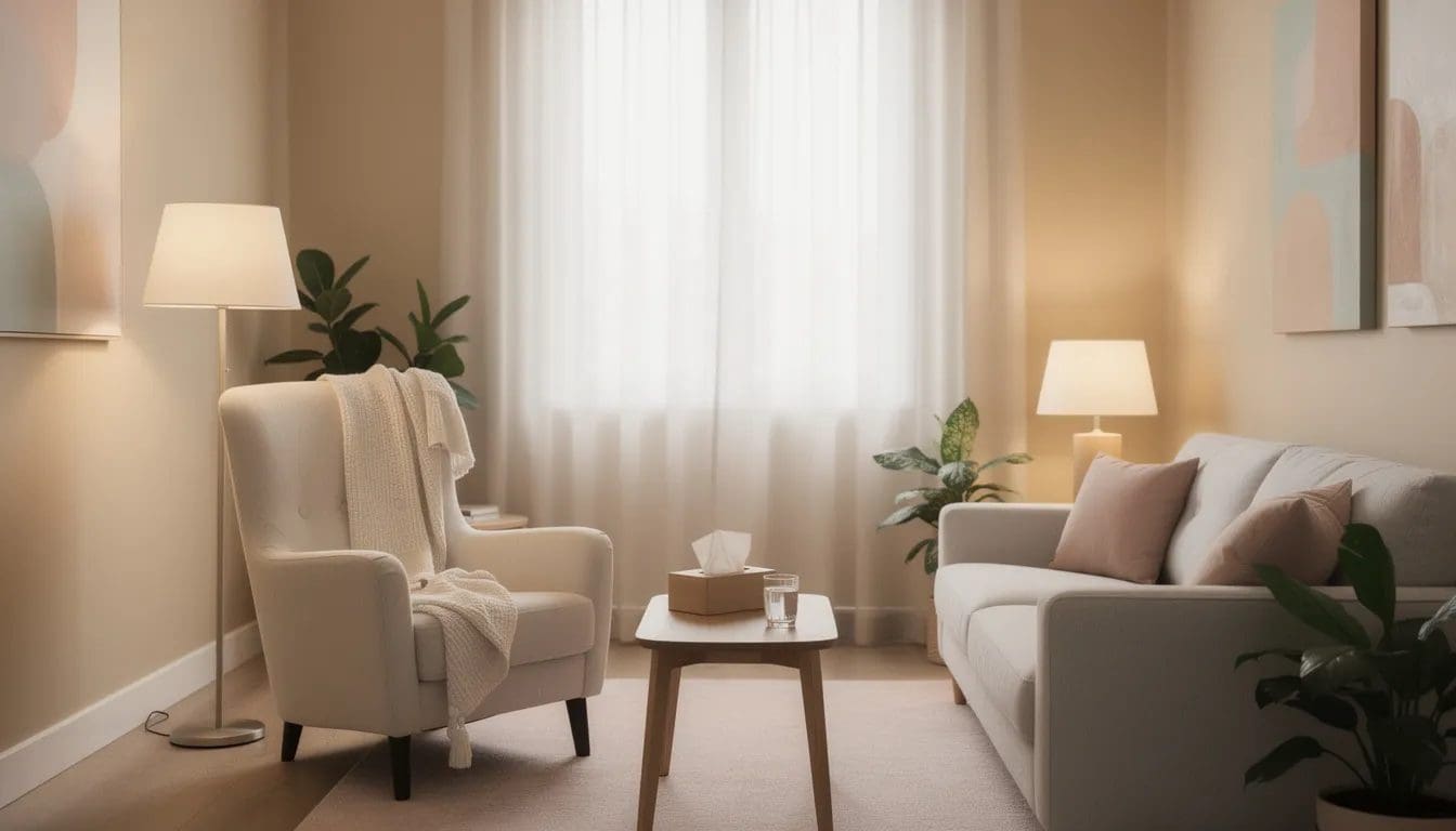 Bildet viser et rolig og innbydende terapirom med myke farger og behagelig belysning, som skaper en trygg plass for mennesker å utforske og uttrykke sine undertrykte følelser, som angst, sinne og sorg. Rommet er utformet for å hjelpe folk med å håndtere sine indre problemer og oppleve en bedre forståelse av egne følelser.