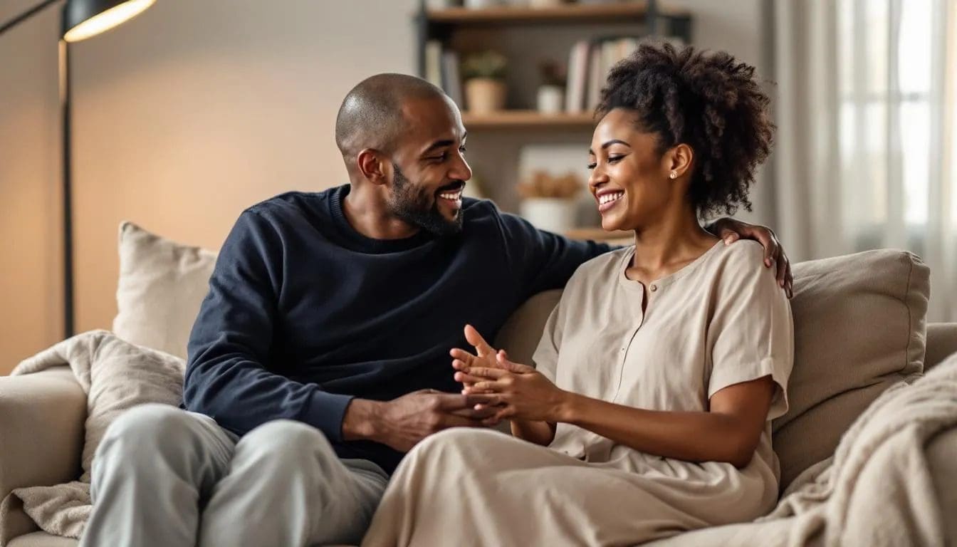 To personer sitter på en sofa og har en støttende samtale, hvor de deler sine følelser og erfaringer knyttet til psykiske lidelser. Samtalen illustrerer viktigheten av støtte fra andre i prosessen med å ta vare på egen mental helse og håndtere avhengighet.