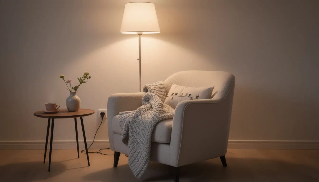 Bildet viser et koselig hjørne i et hjem, hvor en behagelig lenestol står ved siden av et lite bord, alt opplyst av myk belysning som gir en varm atmosfære. Dette er et perfekt sted å ta vare på deg selv og slappe av etter en lang dag.