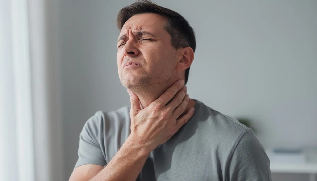 En person holder seg til nakken med et uttrykk av ubehag og spenning, noe som kan indikere undertrykte følelser som angst eller sinne. Dette bildet viser hvordan kroppen kan gi signaler om indre opplevelser, og hvordan det er viktig å forstå og uttrykke våre følelser for å håndtere livets utfordringer.