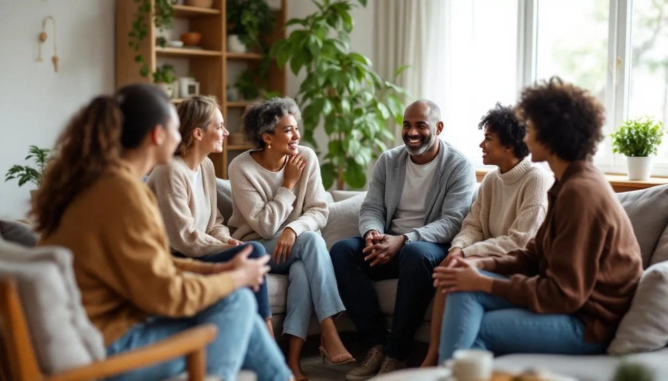 Bildet viser en gruppe mennesker som sitter i en sirkel og deltar i en støttende samtale. De deler erfaringer og gir hverandre hjelp i møte med psykiske lidelser, som avhengighet og andre personlighetsforstyrrelser, i et trygt og omsorgsfullt miljø.