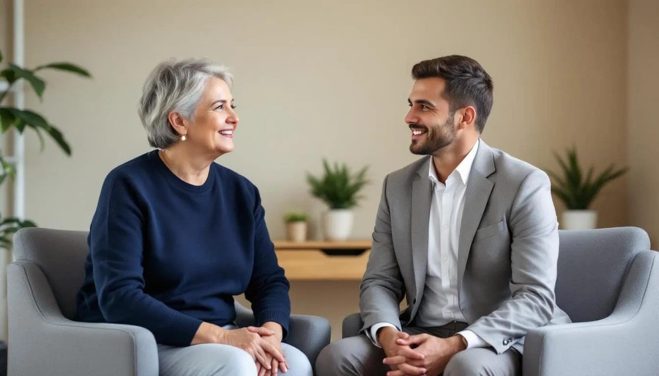 Bildet viser en profesjonell konsultasjon mellom en pasient og en terapeut, der de diskuterer psykiske lidelser og behovet for støtte. Terapeuten lytter aktivt, og pasienten deler sine følelser og problemer, noe som er viktig for å ta vare på sin mentale helse og håndtere avhengighet.