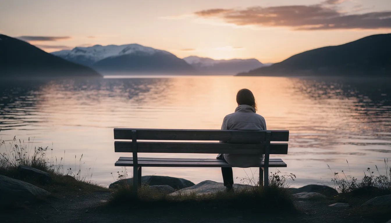 En person sitter alene på en benk og ser ut over en vakker fjord ved solnedgang, omgitt av en følelse av eksistensiell angst og grubling over meningen med livet. Det stille landskapet gir rom for refleksjon og tanker om livets store spørsmål.