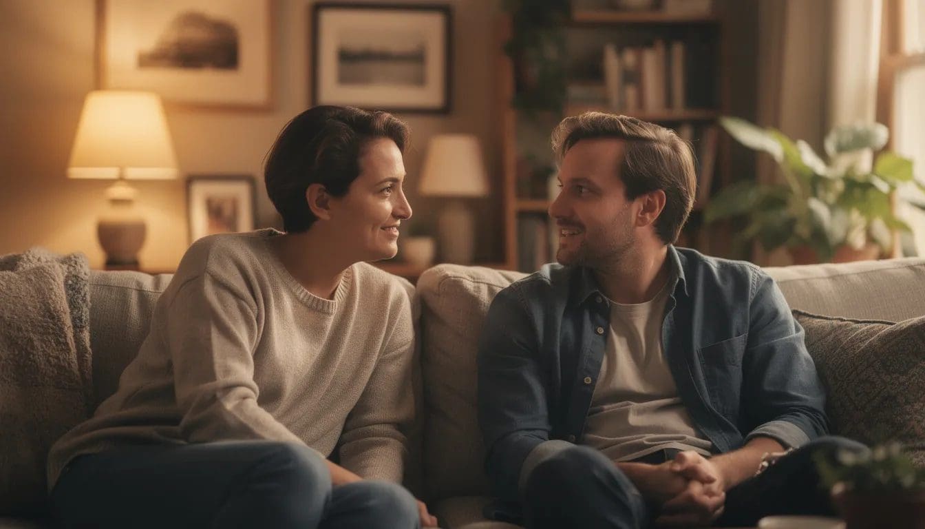 To personer sitter i en koselig setting og har en rolig samtale, hvor de deler tips og tanker om livet. Omgivelsene er varme og innbydende, noe som gir en følelse av trygghet og velvære.