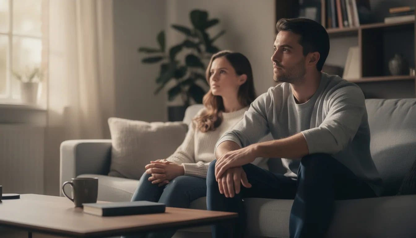 Et par sitter sammen i en sofa, begge med ettertenksomme uttrykk som kan indikere undertrykte følelser som sinne eller angst. De ser ut til å dele en viktig stund, hvor de kanskje prøver å forstå og håndtere sine egne følelser i en vanskelig situasjon.