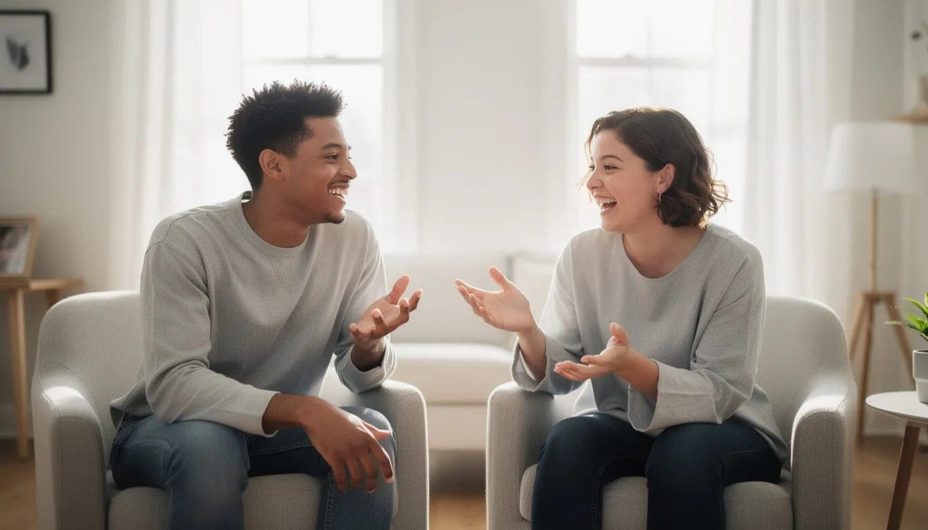 To personer sitter i et lyst rom og har en rolig samtale, hvor de deler tanker om meningen med livet og hvordan håndtere eksistensiell angst. Samtalen virker støttende og gir rom for å utforske dype spørsmål om livets mening og psykologisk velvære.