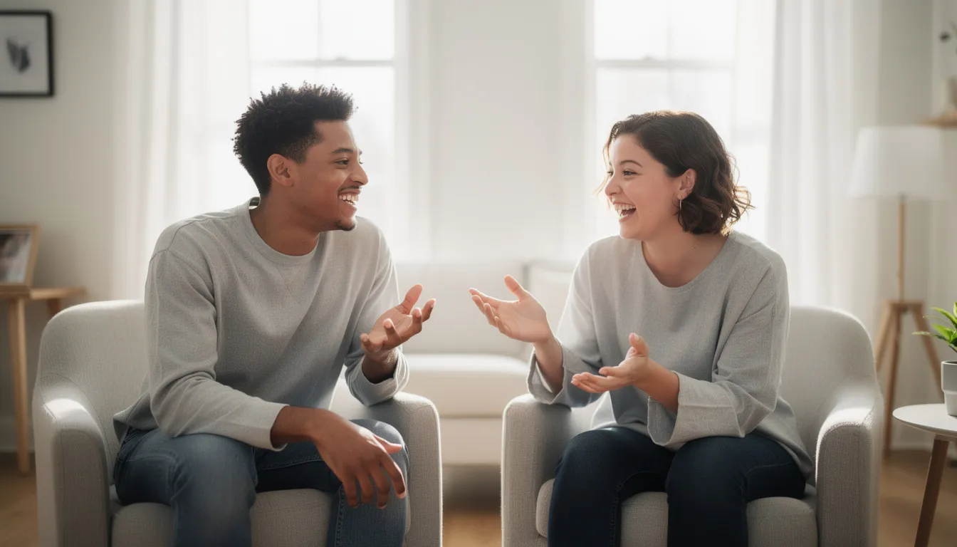 To personer sitter i et lyst rom og har en rolig samtale, hvor de deler tanker om meningen med livet og hvordan håndtere eksistensiell angst. Samtalen virker støttende og gir rom for å utforske dype spørsmål om livets mening og psykologisk velvære.