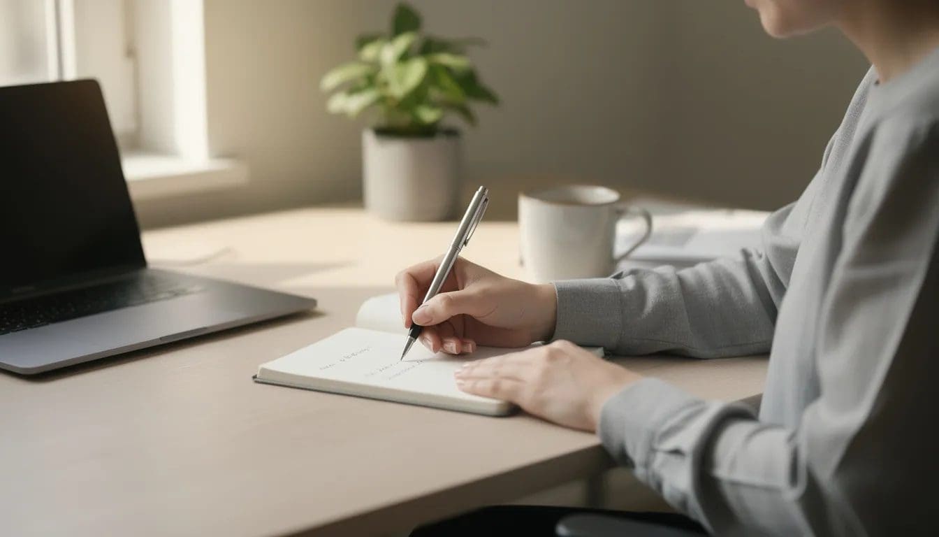 En person sitter ved et rolig skrivebord og skriver i en notatbok, hvor de reflekterer over egne verdier og behov. Det er en stille atmosfære som gir rom for å tenke på livet og relasjoner til andre.