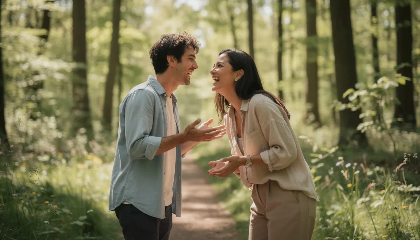 Bildet viser to personer som sitter sammen ute i naturen, dypt engasjert i en rolig samtale. De deler tanker om livet, egne verdier og relasjoner, og skaper et rom for å føle respekt og forståelse for hverandre.